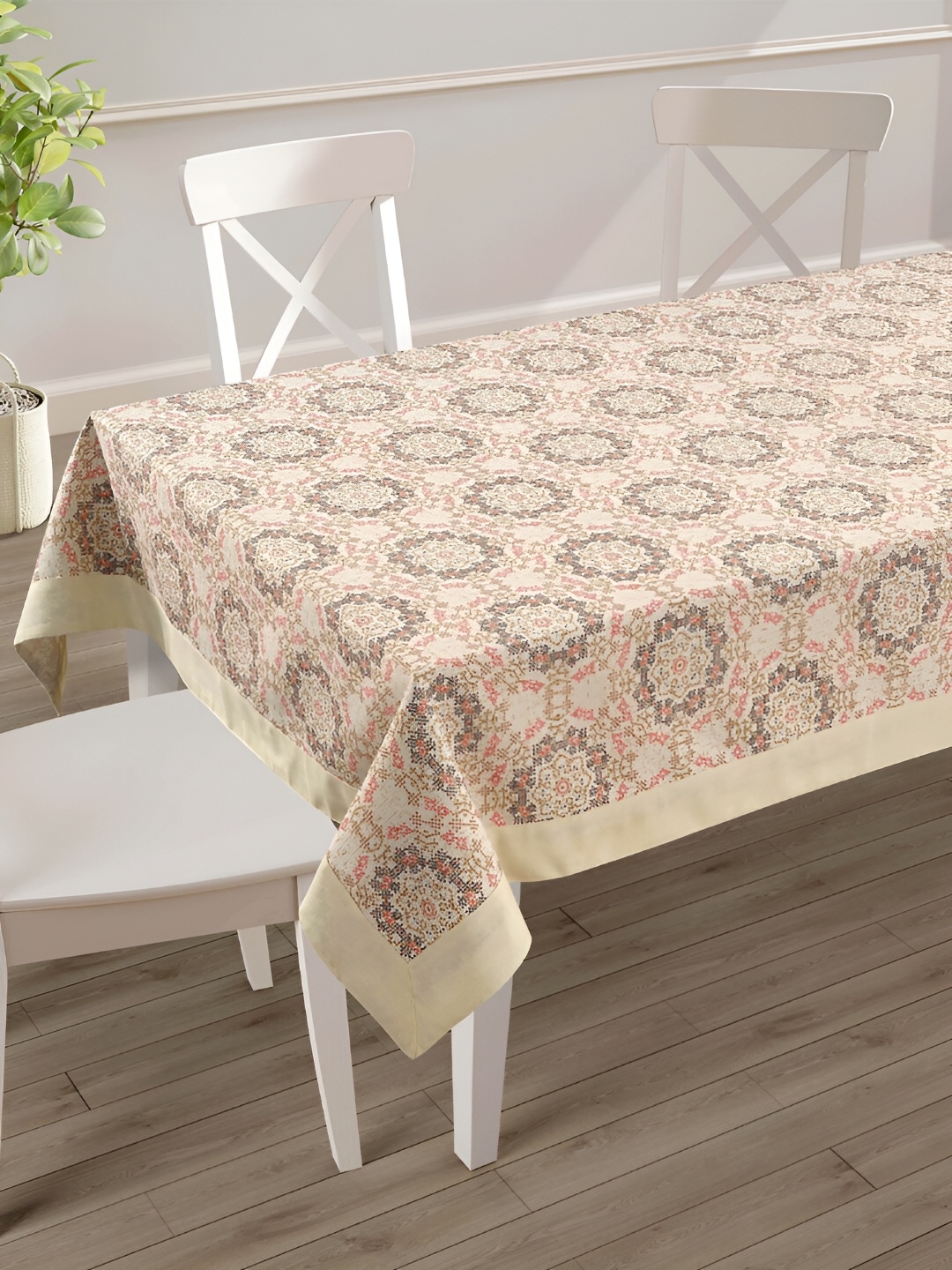 

SWAYAM Cream-Coloured Geometric Printed Cotton 6-Seater Table Cover