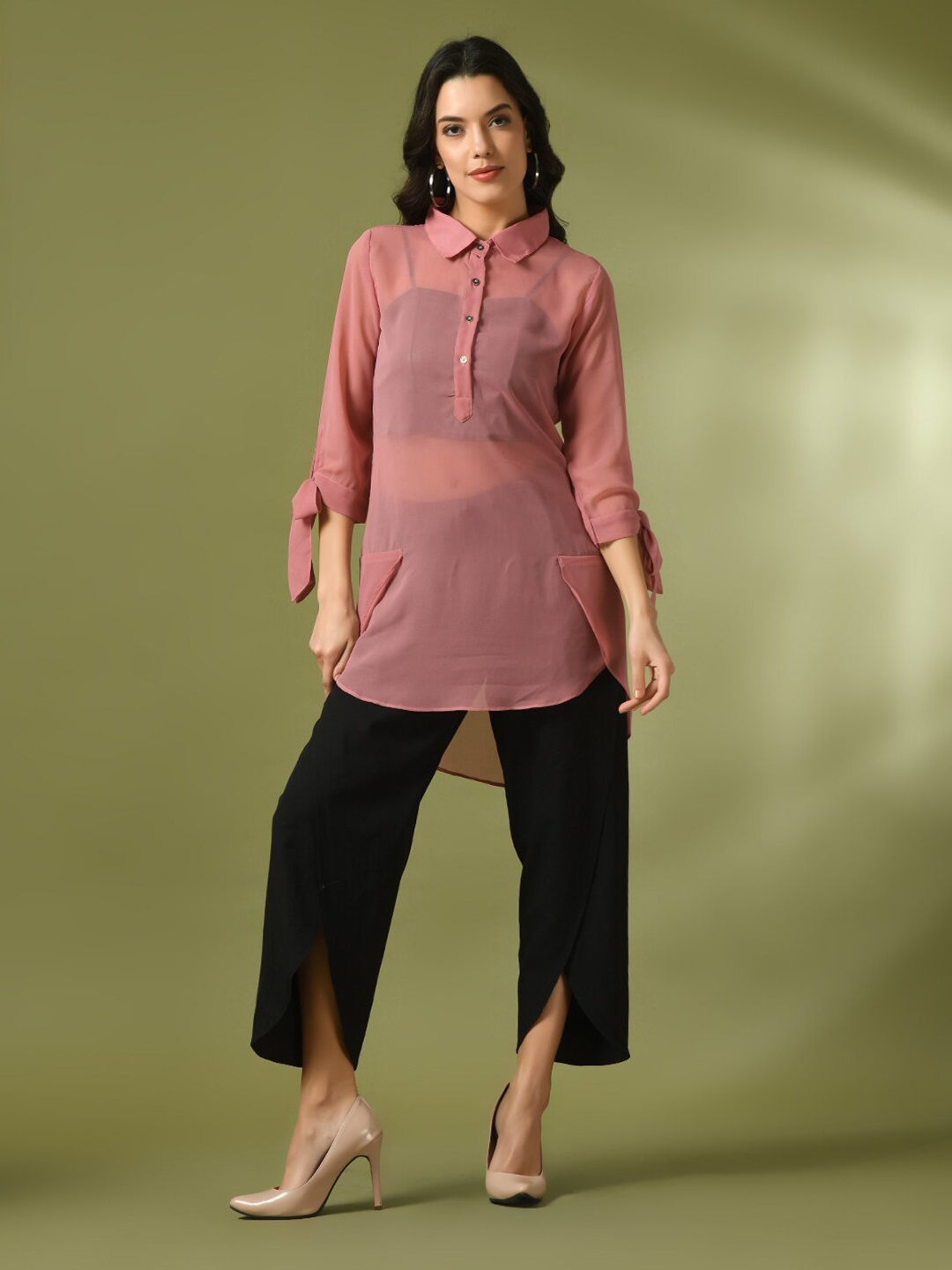 

DressBerry Sheer Shirt Style Longline Top, Pink