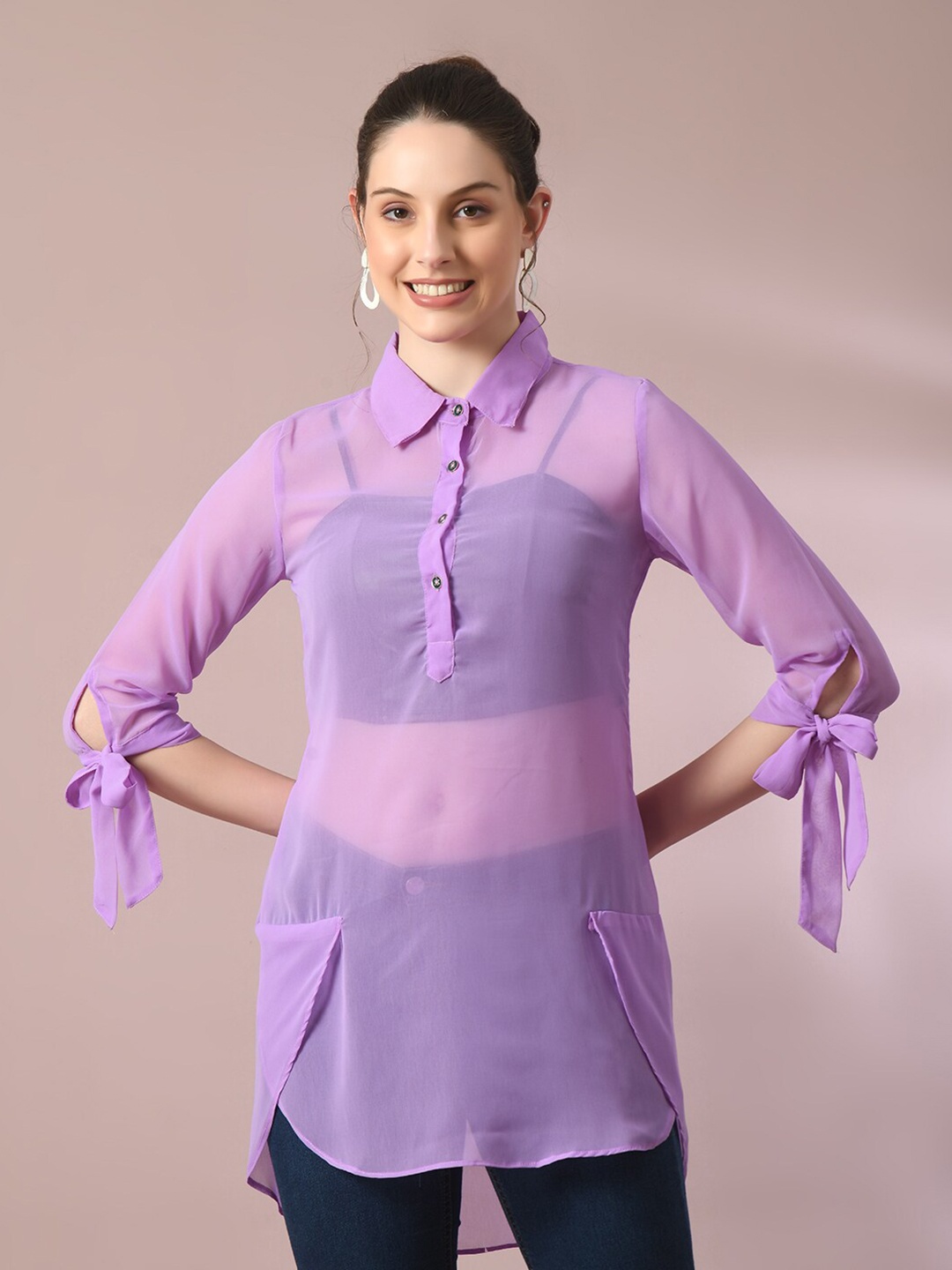 

DressBerry Tie-Ups Sheer Longline Shirt Style Top, Lavender