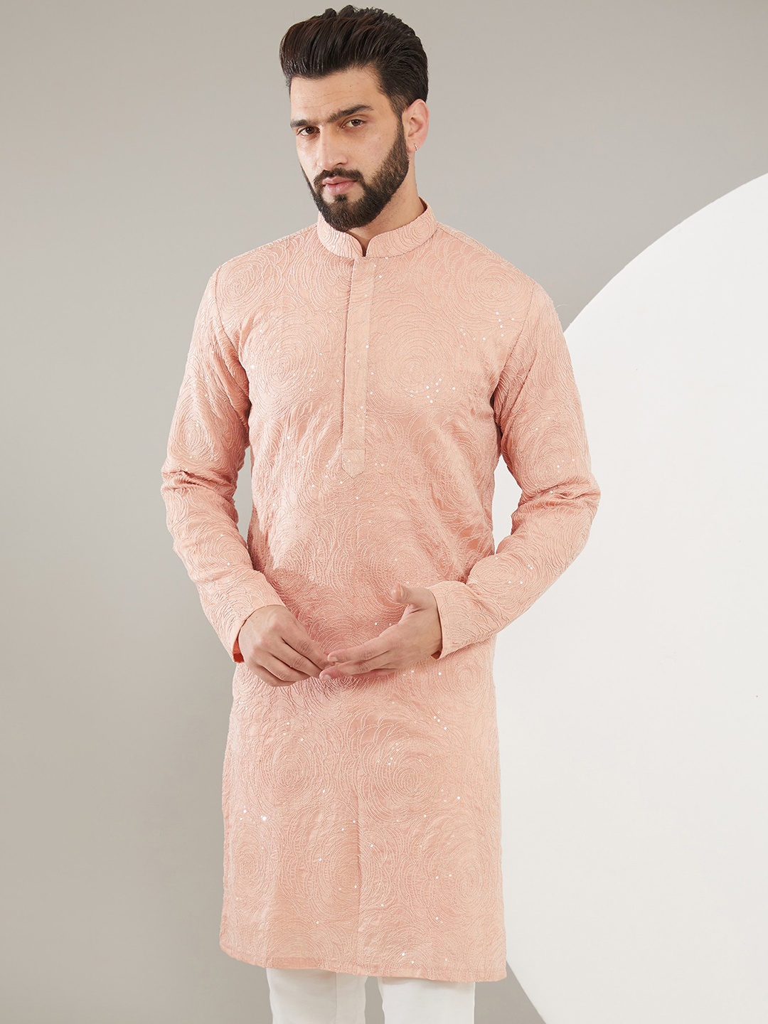 

KASBAH CLOTHING NISHCHAIY SAJDEH Mandarin Collar Long Sleeves Sequin Embroidered Kurta, Peach