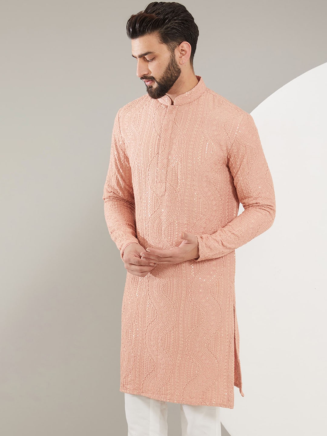 

KASBAH CLOTHING NISHCHAIY SAJDEH Mandarin Collar Thread Work Kurta, Peach