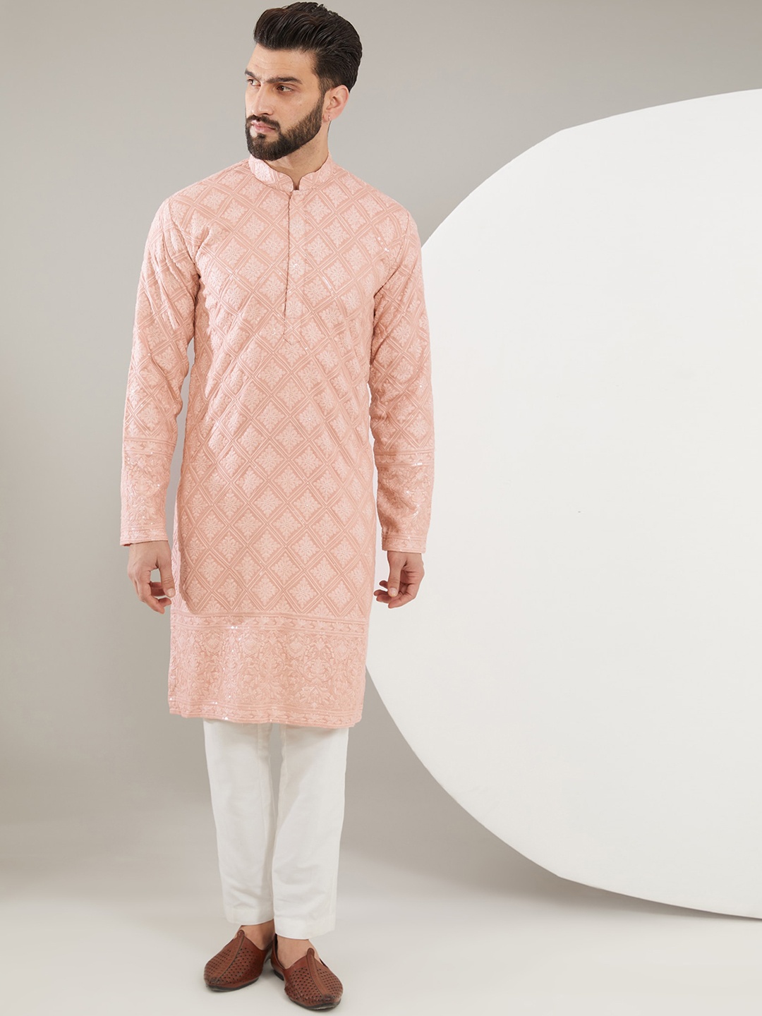 

KASBAH CLOTHING NISHCHAIY SAJDEH Mandarin Collar Long Sleeves Sequined Embroidered Kurta, Peach