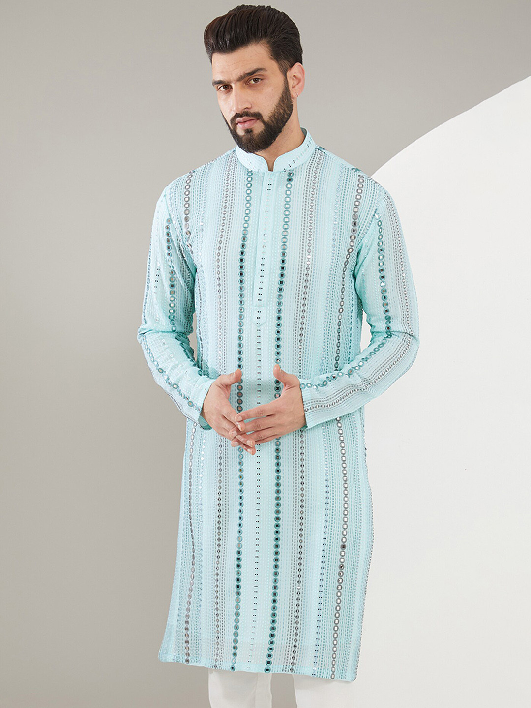 

KASBAH CLOTHING NISHCHAIY SAJDEH Mandarin Collar Long Sleeves Mirror Embroidered Kurta, Blue