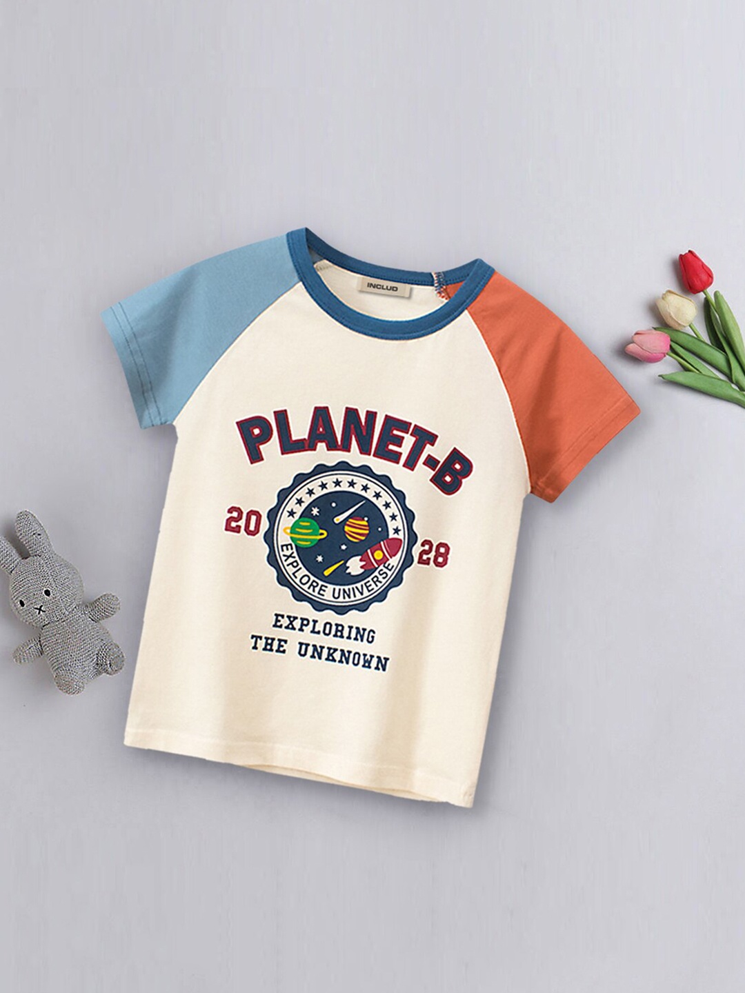 

INCLUD Boys Round Neck Printed Regular Fit Cotton T-shirt, Beige