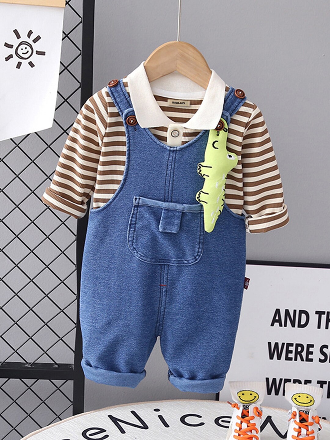 

INCLUD Boys Striped Dungaree & Tshirt, Brown