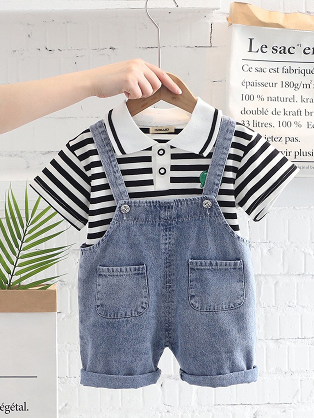 

INCLUD Boys Striped T-shirt with Denim Dungaree Set, Black