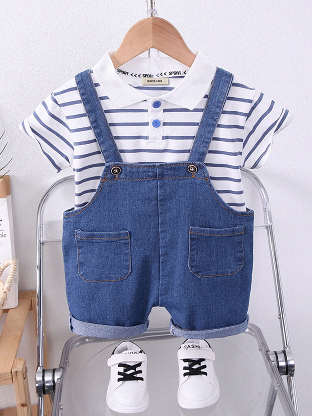 

INCLUD Boys Striped Denim Dungaree With T-Shirt, Blue
