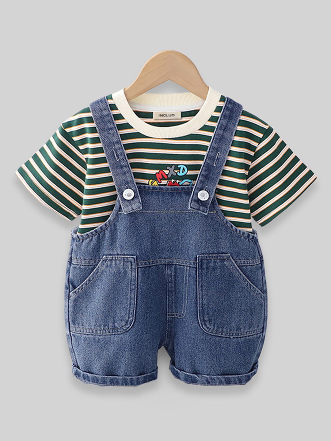 

INCLUD Boys Striped Denim Dungaree With T-Shirt, Green