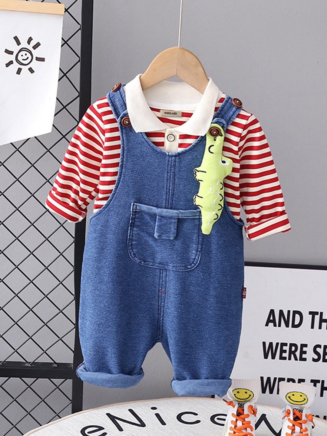 

INCLUD Boys Striped Denim Dungaree With T-Shirt, Red