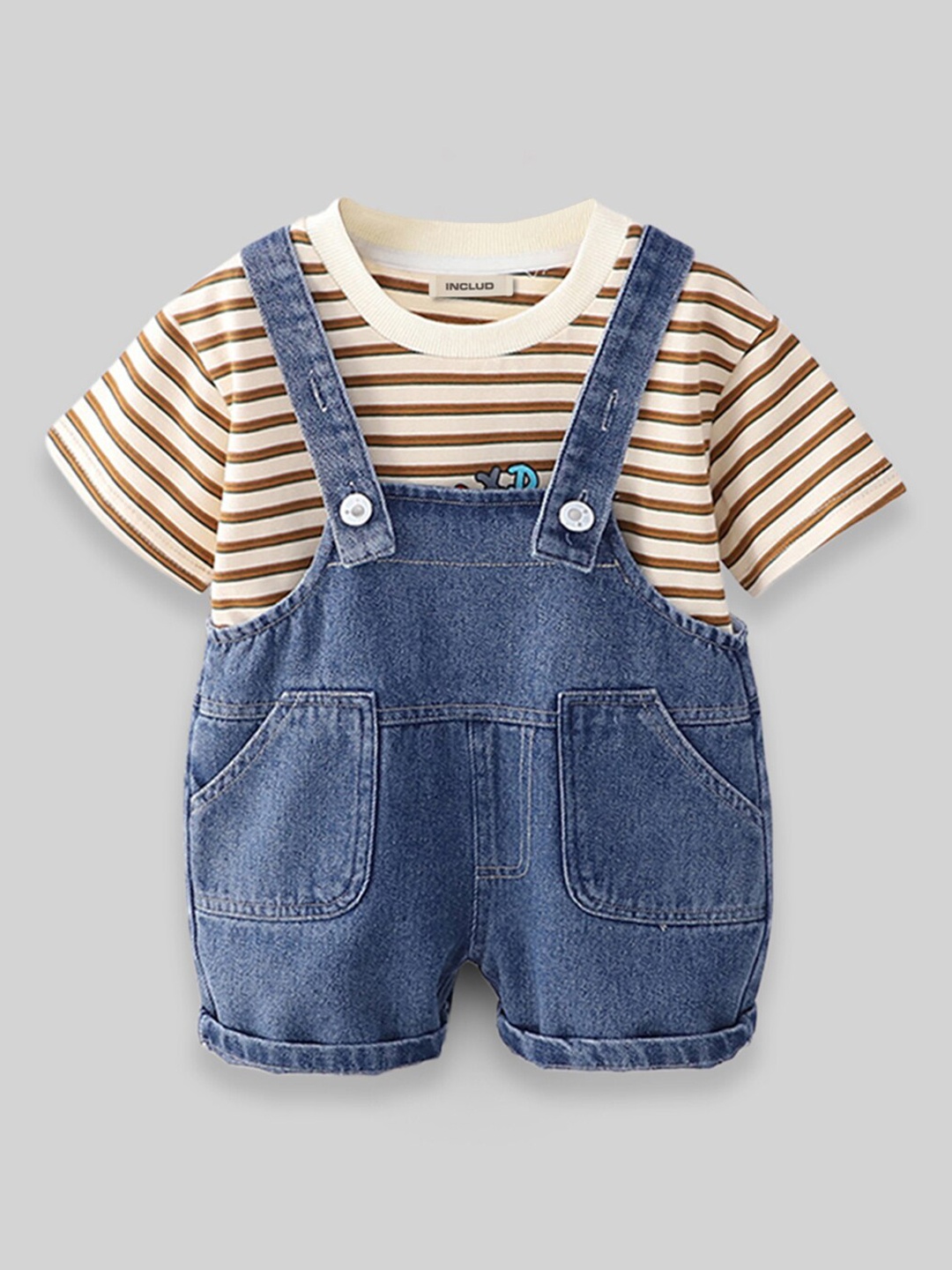 

INCLUD Boys Striped Denim Dungaree With T-Shirt, Brown