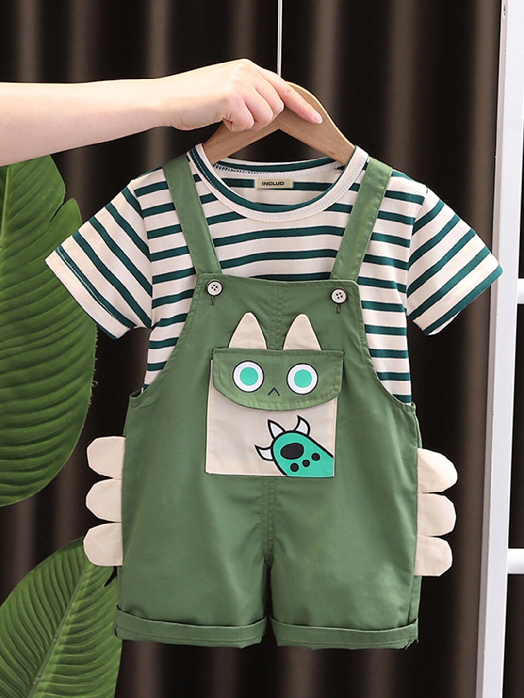

INCLUD Boys Striped Dungaree With T-Shirt, Green