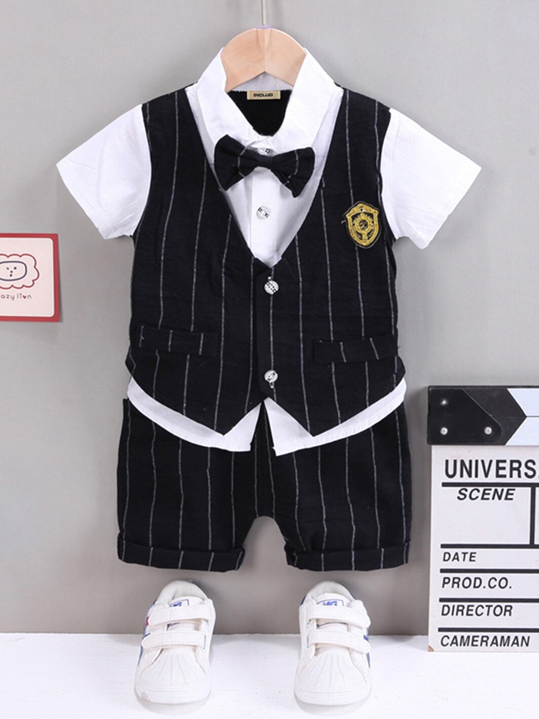 

INCLUD Boys Shirt Collar Checked Coat with Shorts, Black