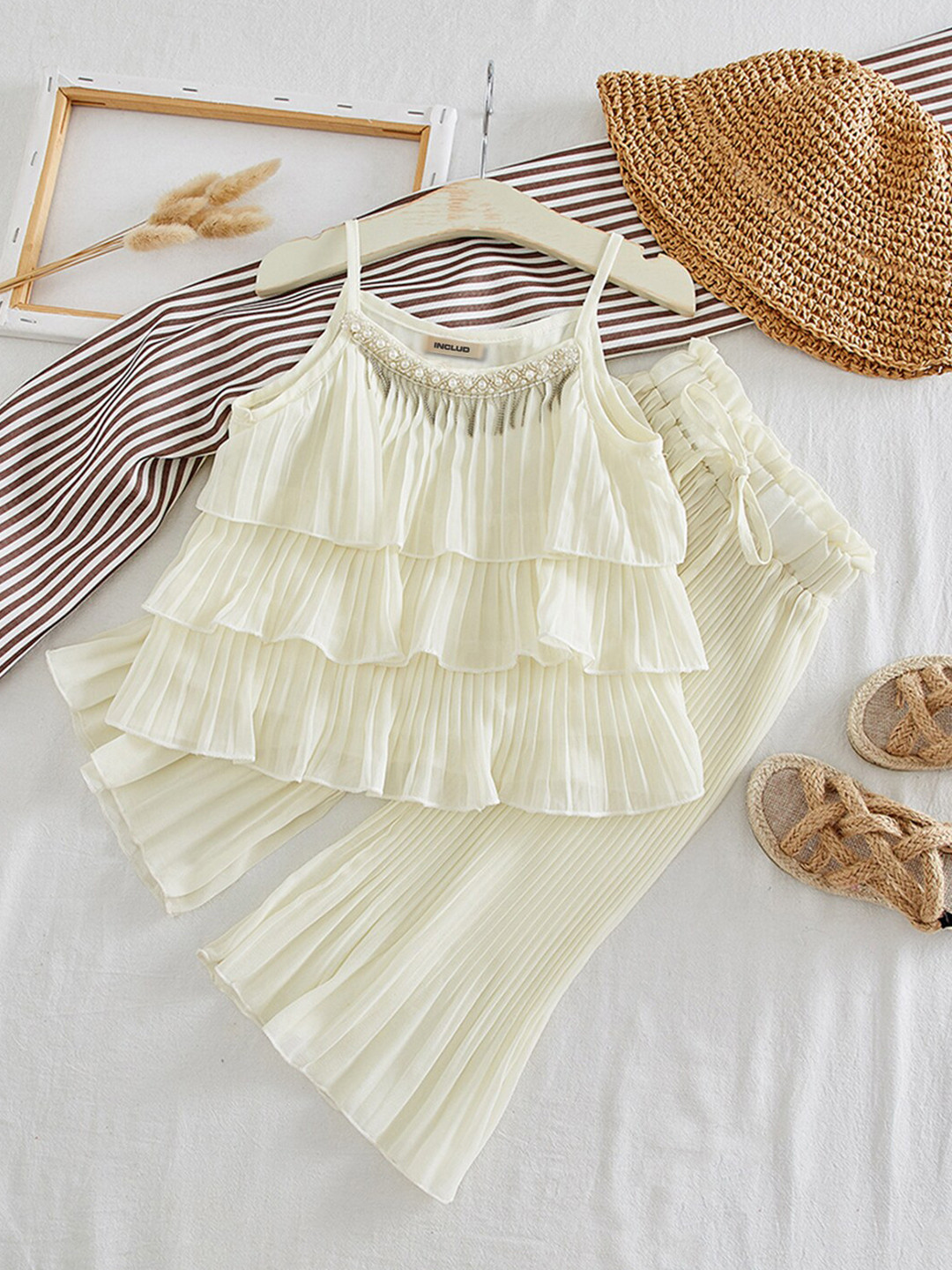 

INCLUD Girls Shoulder Straps Sleeveless Layered Top With Palazzo, Off white
