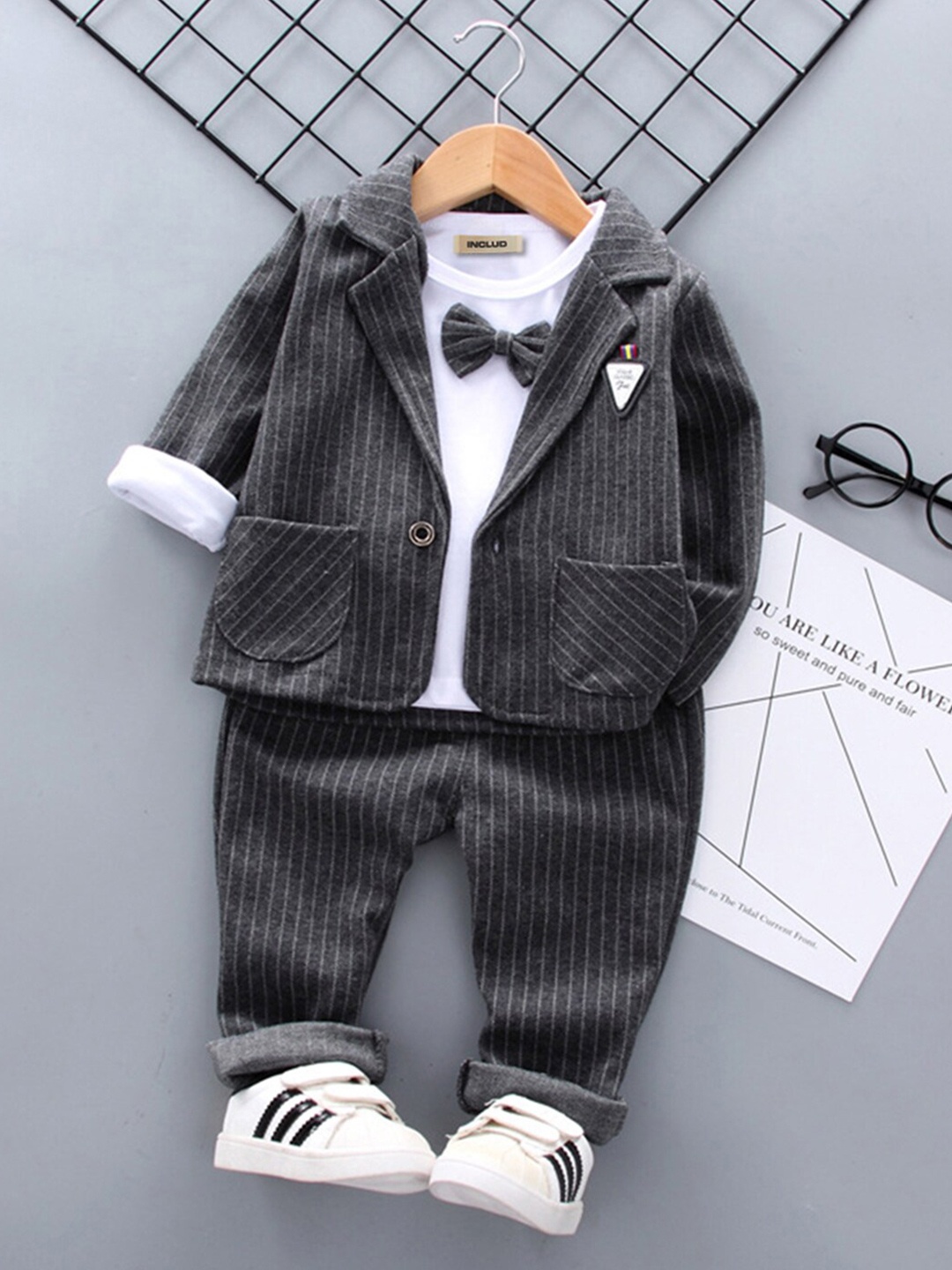 

INCLUD Boys Striped Coat & T-shirt with Trousers, Grey