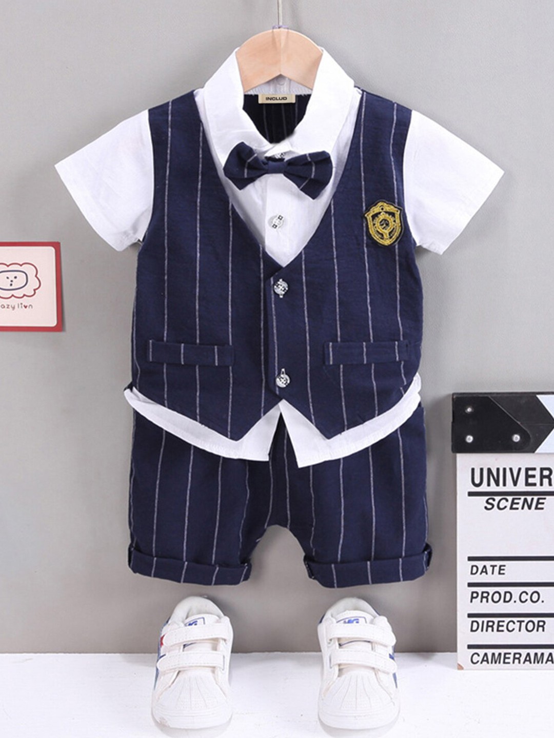 

INCLUD Boys Shirt Collar Striped Coat with Shorts, Navy blue