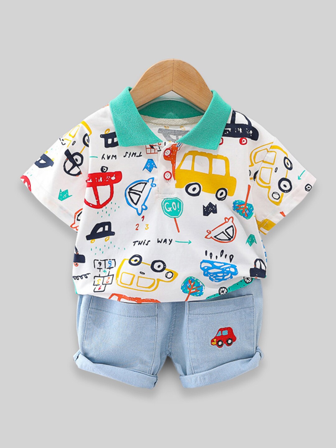 

INCLUD Boys Polo Collar Printed T-shirt with Shorts, White