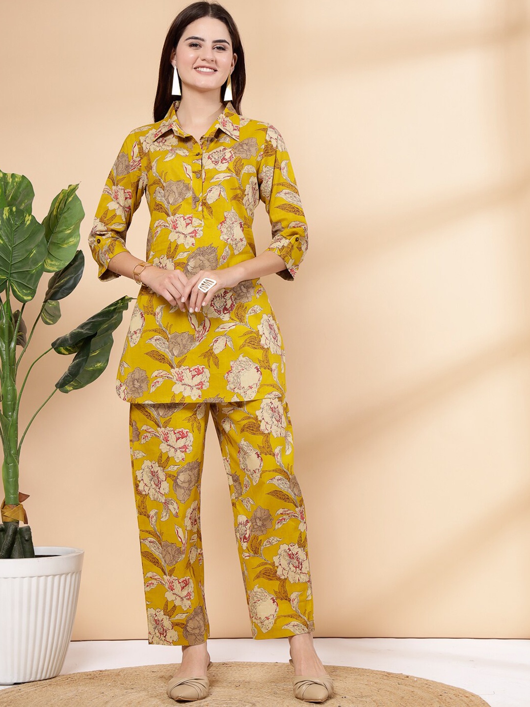 Pistaa Floral Printed Pure Cotton Top With Trousers, Yellow
