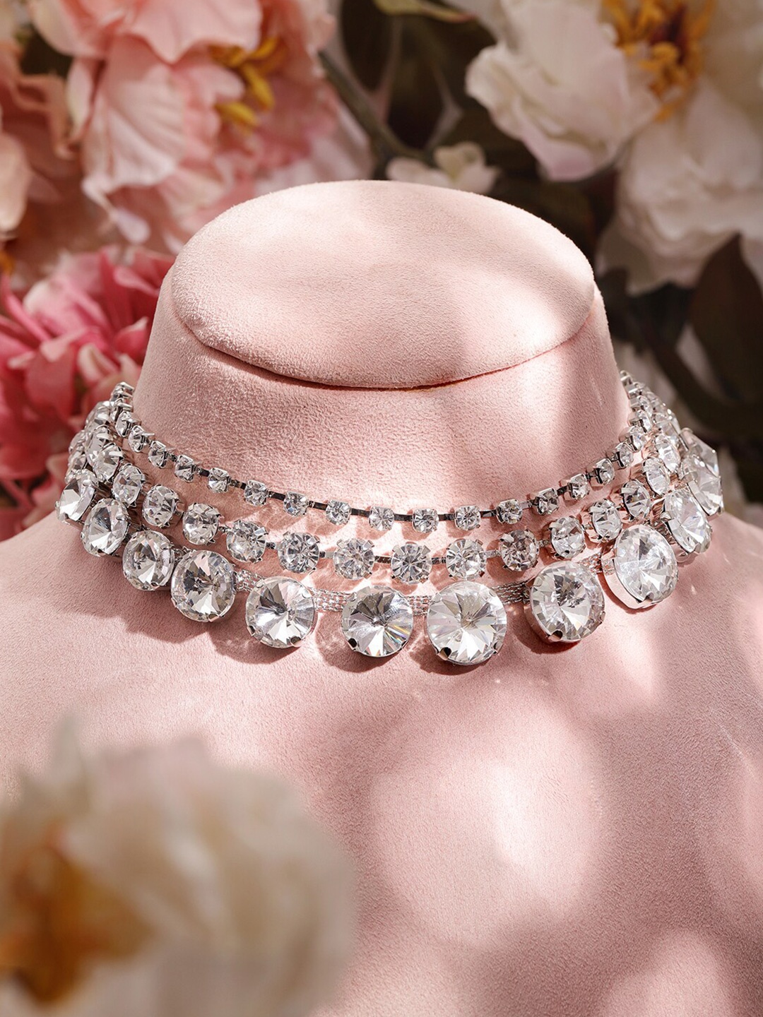 

Rubans Rhodium Plated Crystal & Cubic Zirconia Studded Stylish 3 Layered Choker Necklace, Silver