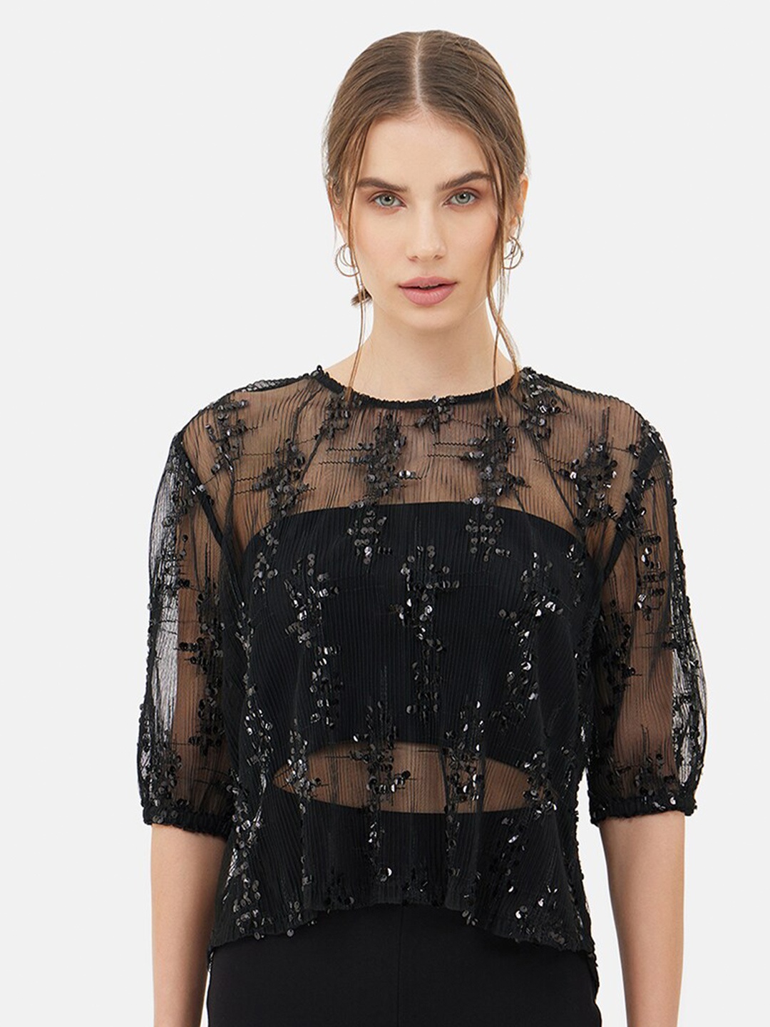 

Kazo Floral Sequined Embellished Top, Black