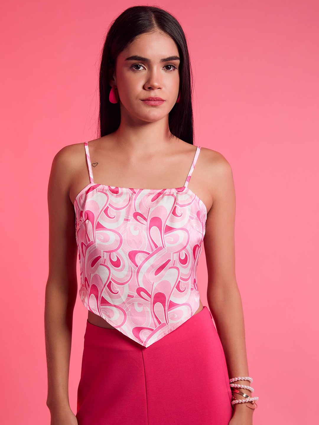 

Kazo Geometric Printed Satin Barbie Top, Pink