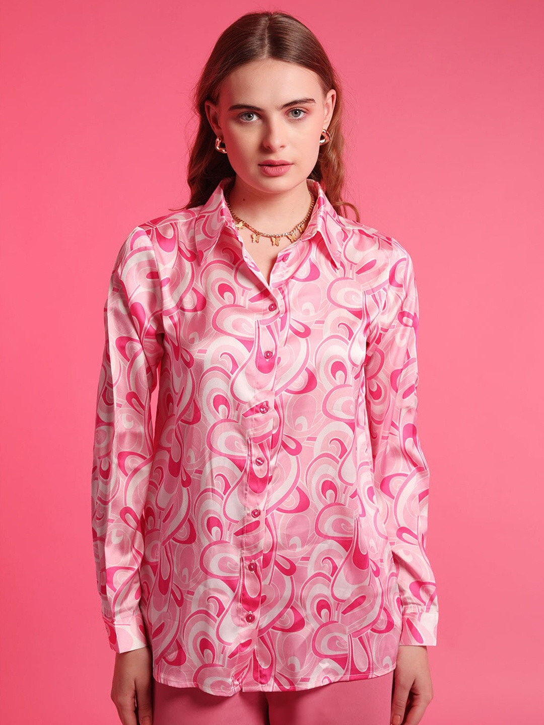 

Kazo Spread Collar Abstract Printed Satin Shirt Style Barbie Top, Pink