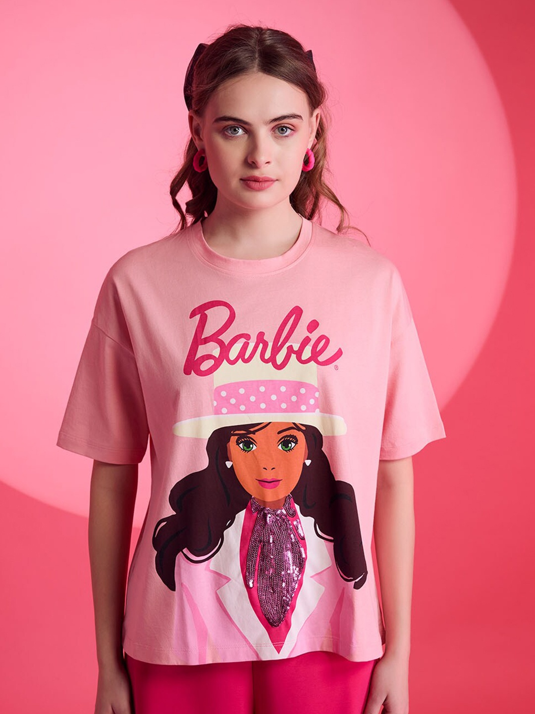 

Kazo Graphic Printed Drop-Shoulder Sleeves Barbie T-shirt, Pink