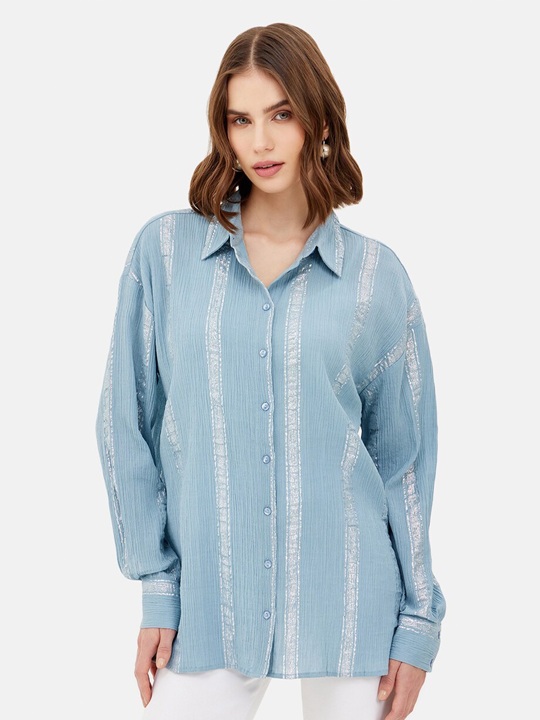 

Kazo Relaxed Vertical Stripes Cotton Casual Shirt, Blue