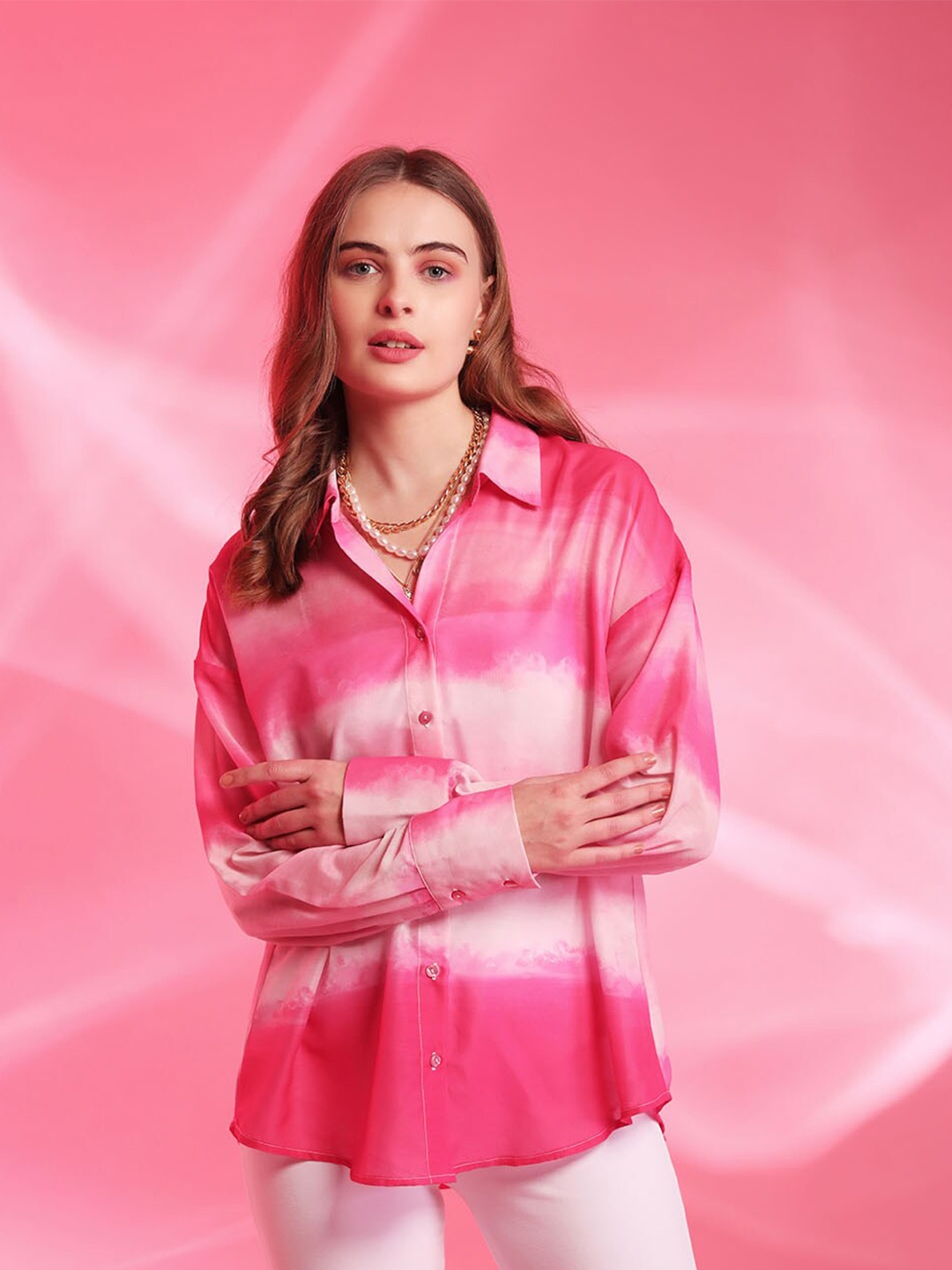 

Kazo Relaxed Abstract Printed Boxy Casual Barbie Shirt, Pink