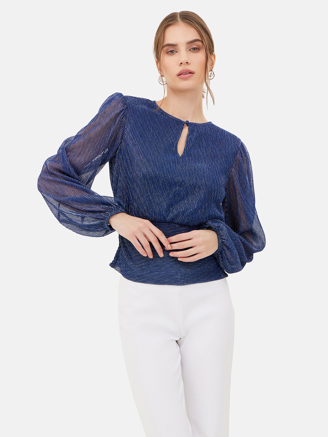 

Kazo Keyhole Neck Puff Sleeve Top, Blue