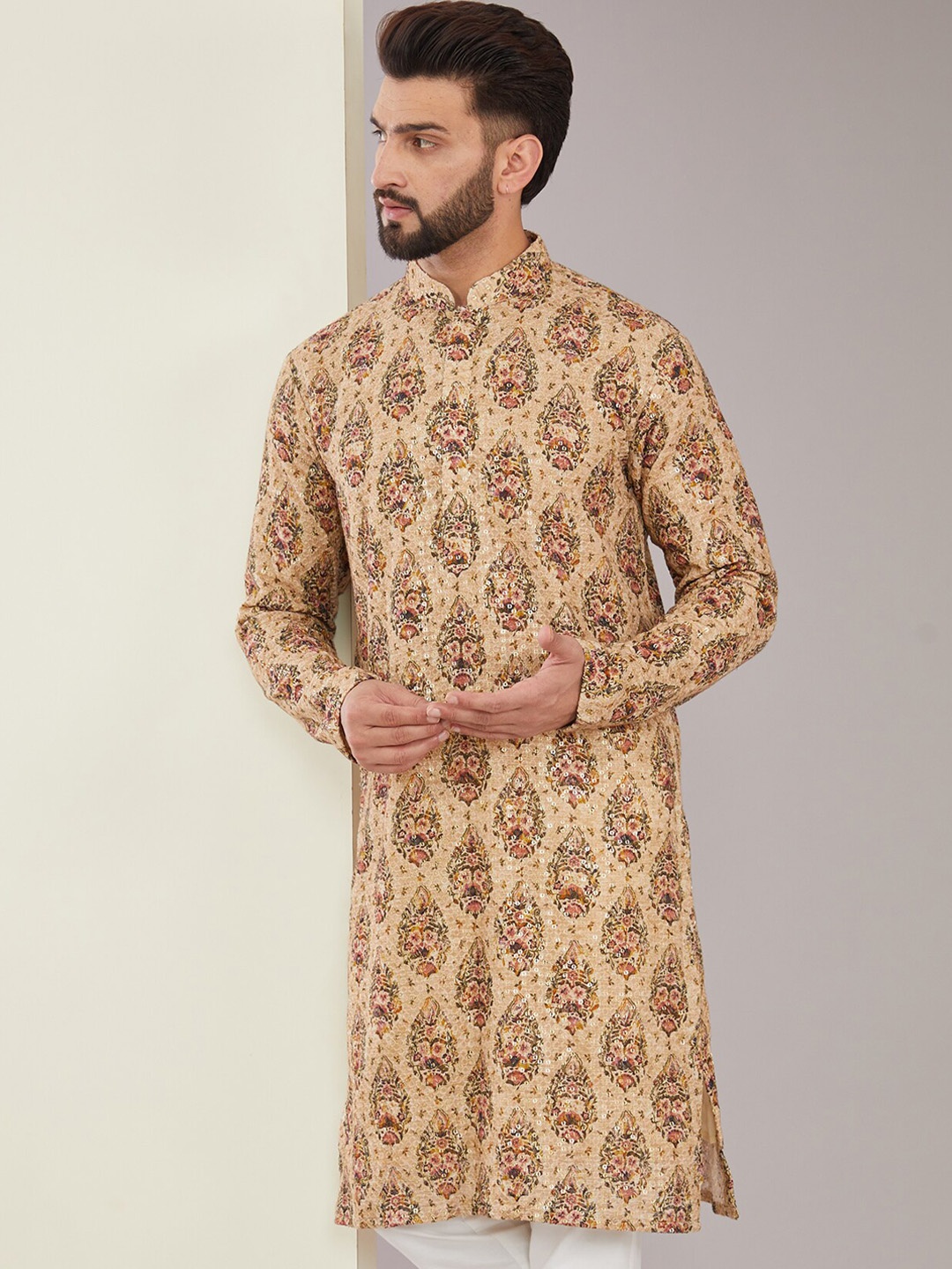

KASBAH CLOTHING NISHCHAIY SAJDEH Mandarin Collar Ethnic Motifs Printed Cotton Kurta, Beige