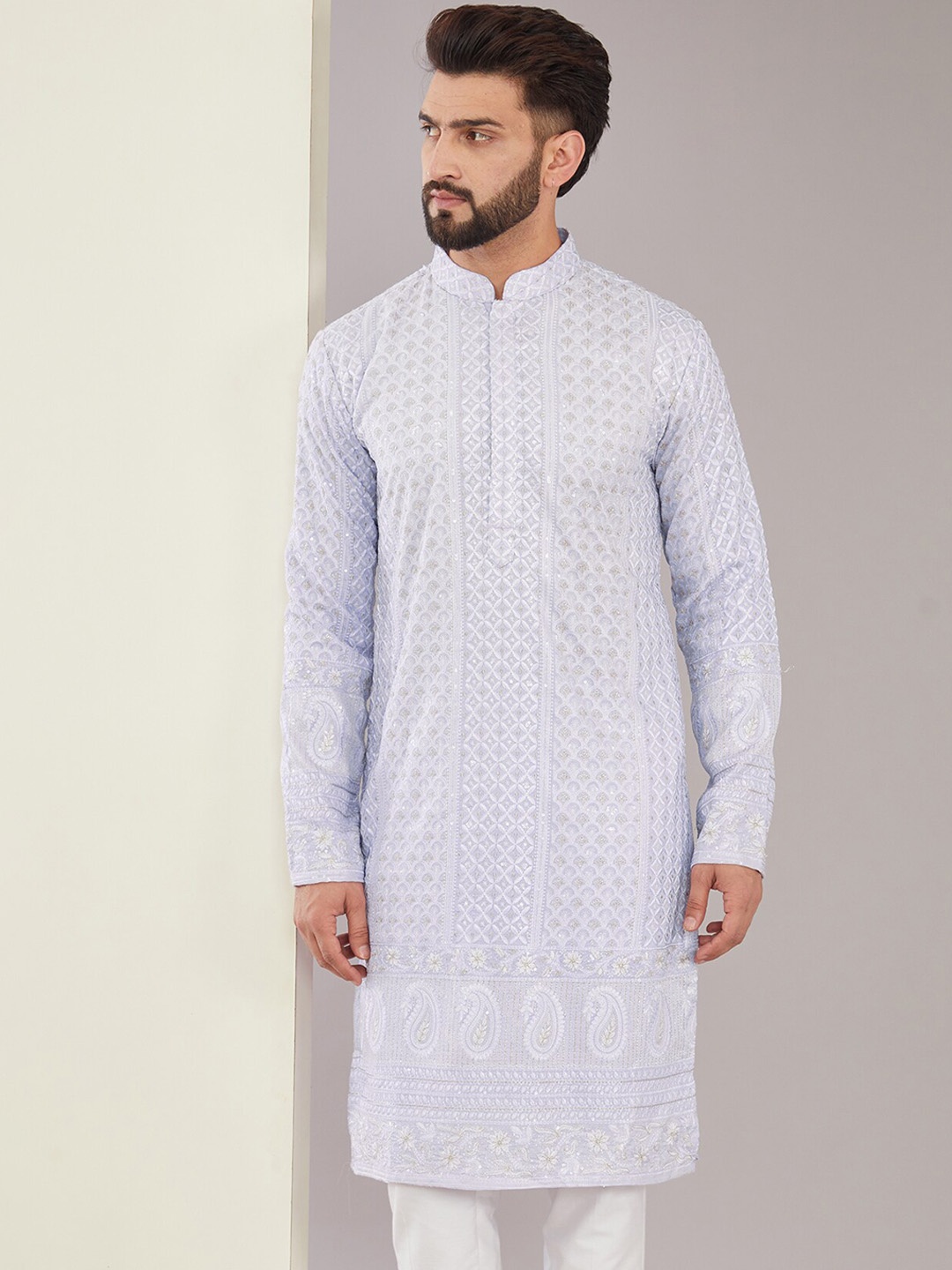 

KASBAH CLOTHING NISHCHAIY SAJDEH Mandarin Collar Cotton Chikankari Kurta, Purple