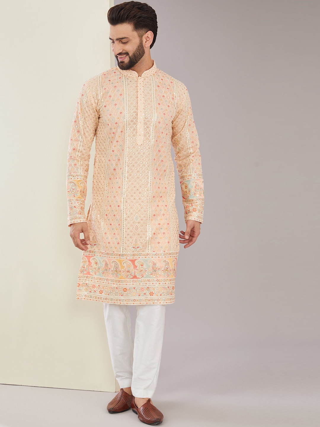 

KASBAH CLOTHING NISHCHAIY SAJDEH Mandarin Collar Long Sleeves Sequined Embroidered Kurta, Peach