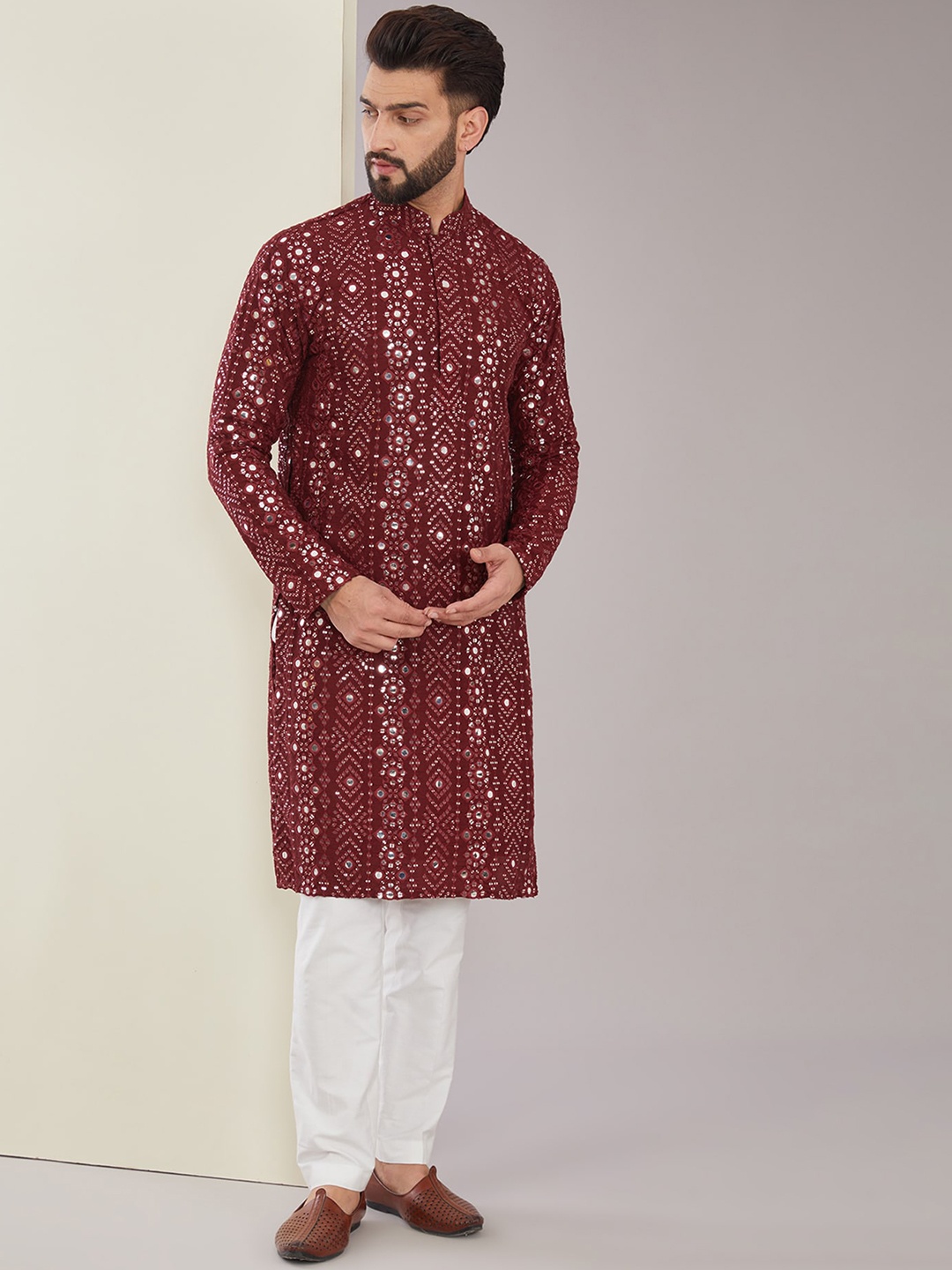 

KASBAH CLOTHING NISHCHAIY SAJDEH Geometric Printed Thread Work Georgette Kurta, Maroon