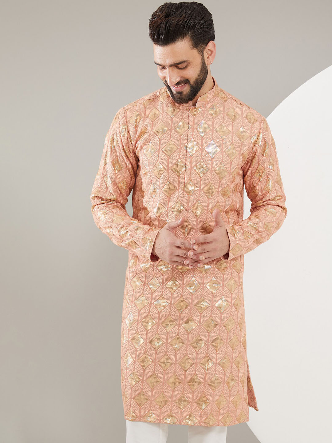 

KASBAH CLOTHING NISHCHAIY SAJDEH Geometric Embroidered Sequinned Straight Kurta, Peach