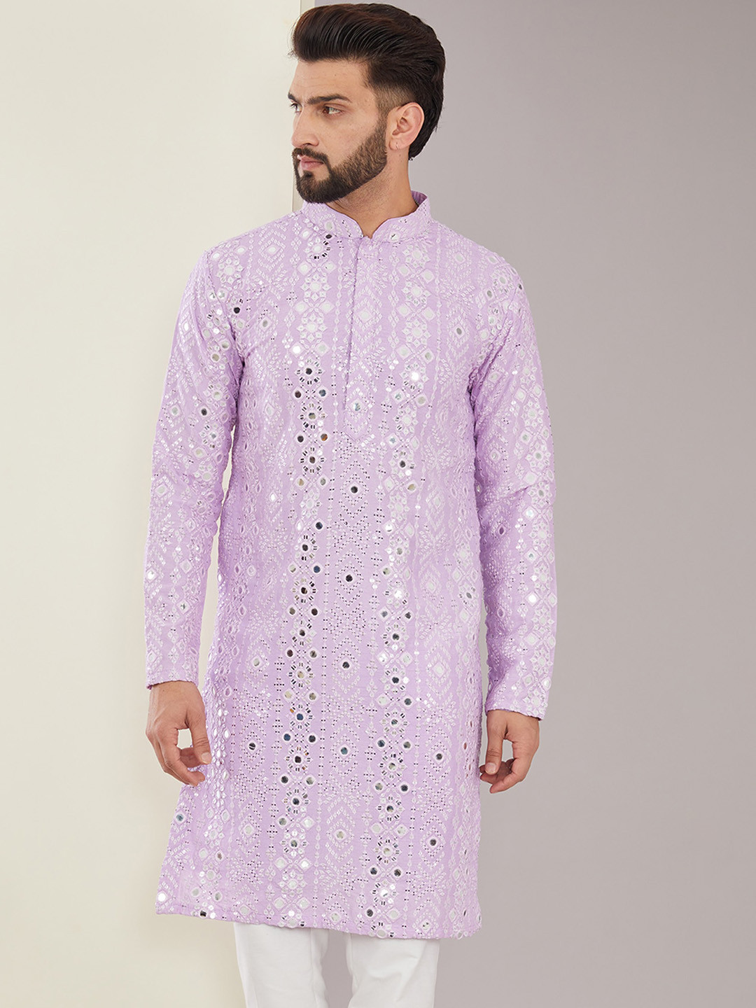 

KASBAH CLOTHING NISHCHAIY SAJDEH Mandarin Collar Geometric Mirror Work Kurta, Purple