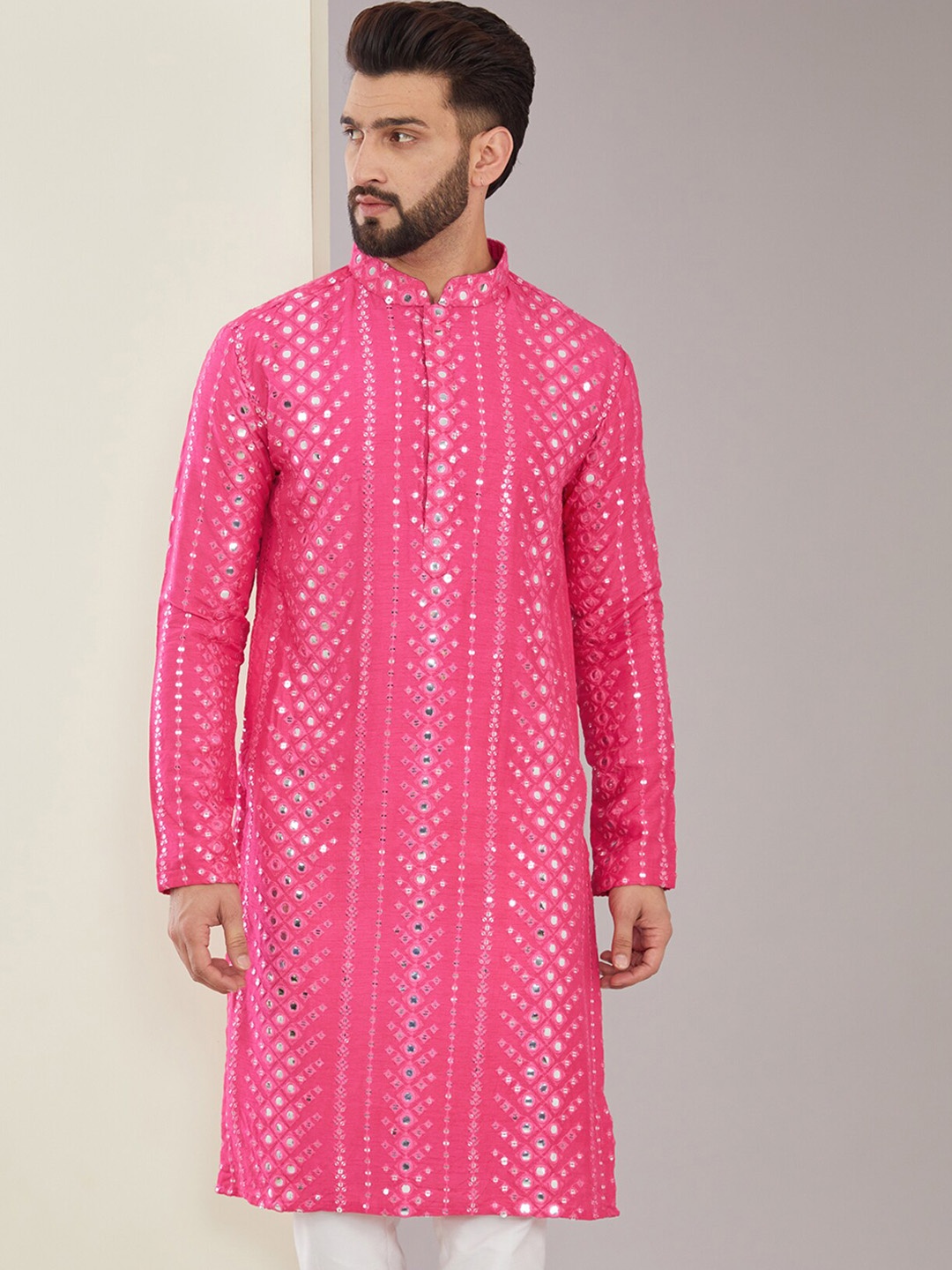 

KASBAH CLOTHING NISHCHAIY SAJDEH Mandarin Collar Long Sleeves Mirror Embroidered Kurta, Pink