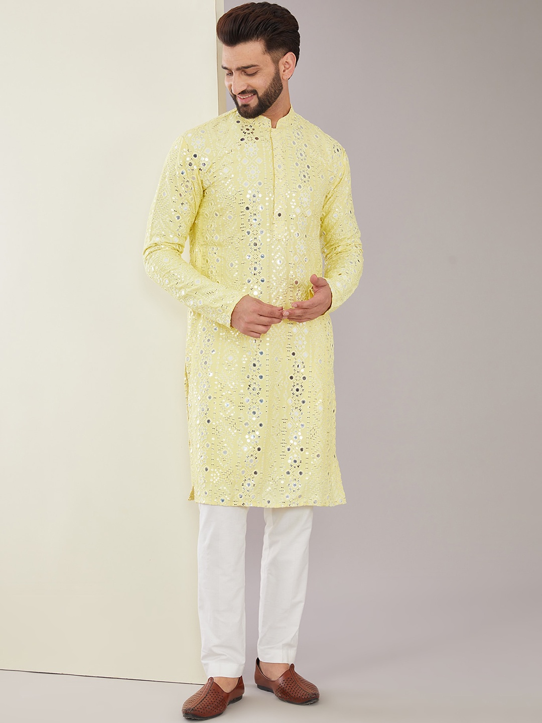 

KASBAH CLOTHING NISHCHAIY SAJDEH Mandarin Collar Cotton Embroidered Mirror Work Kurta, Yellow