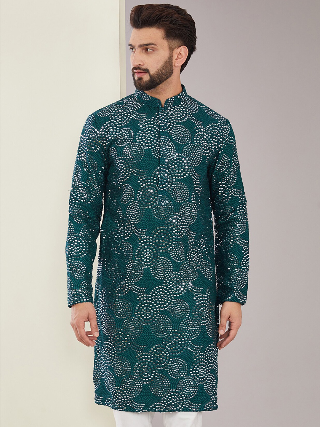 

KASBAH CLOTHING NISHCHAIY SAJDEH Mandarin Collar Cotton Sequinned Kurta, Blue