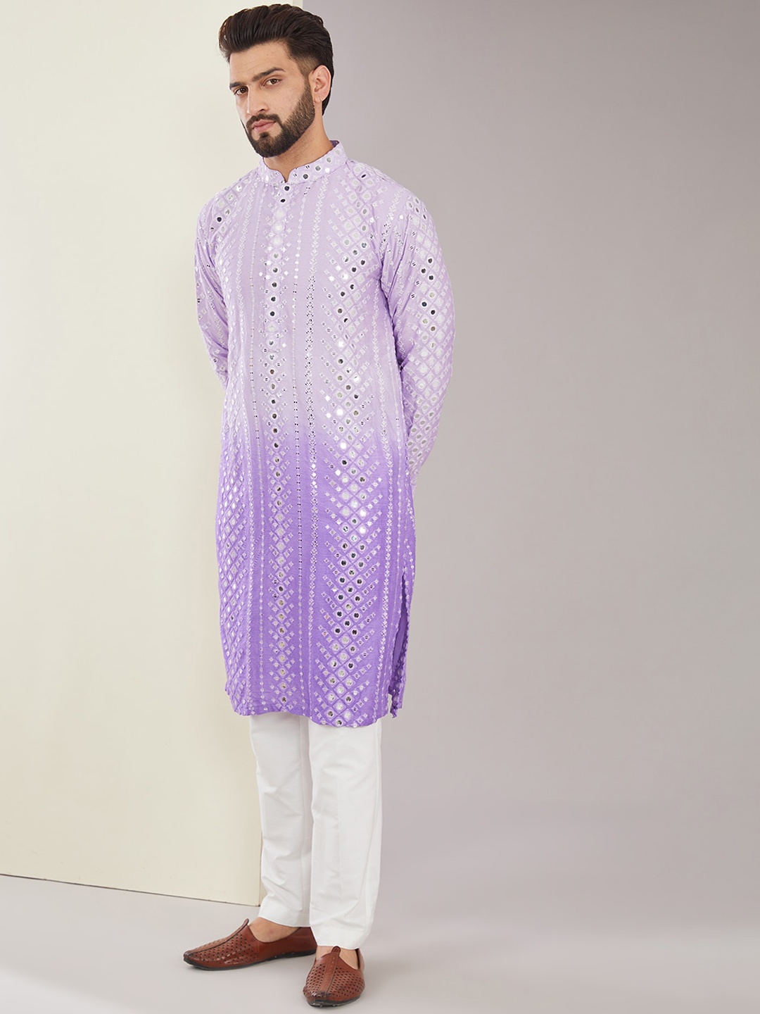 

KASBAH CLOTHING NISHCHAIY SAJDEH Mandarin Collar Long Sleeves Mirror Embroidered Kurta, Purple