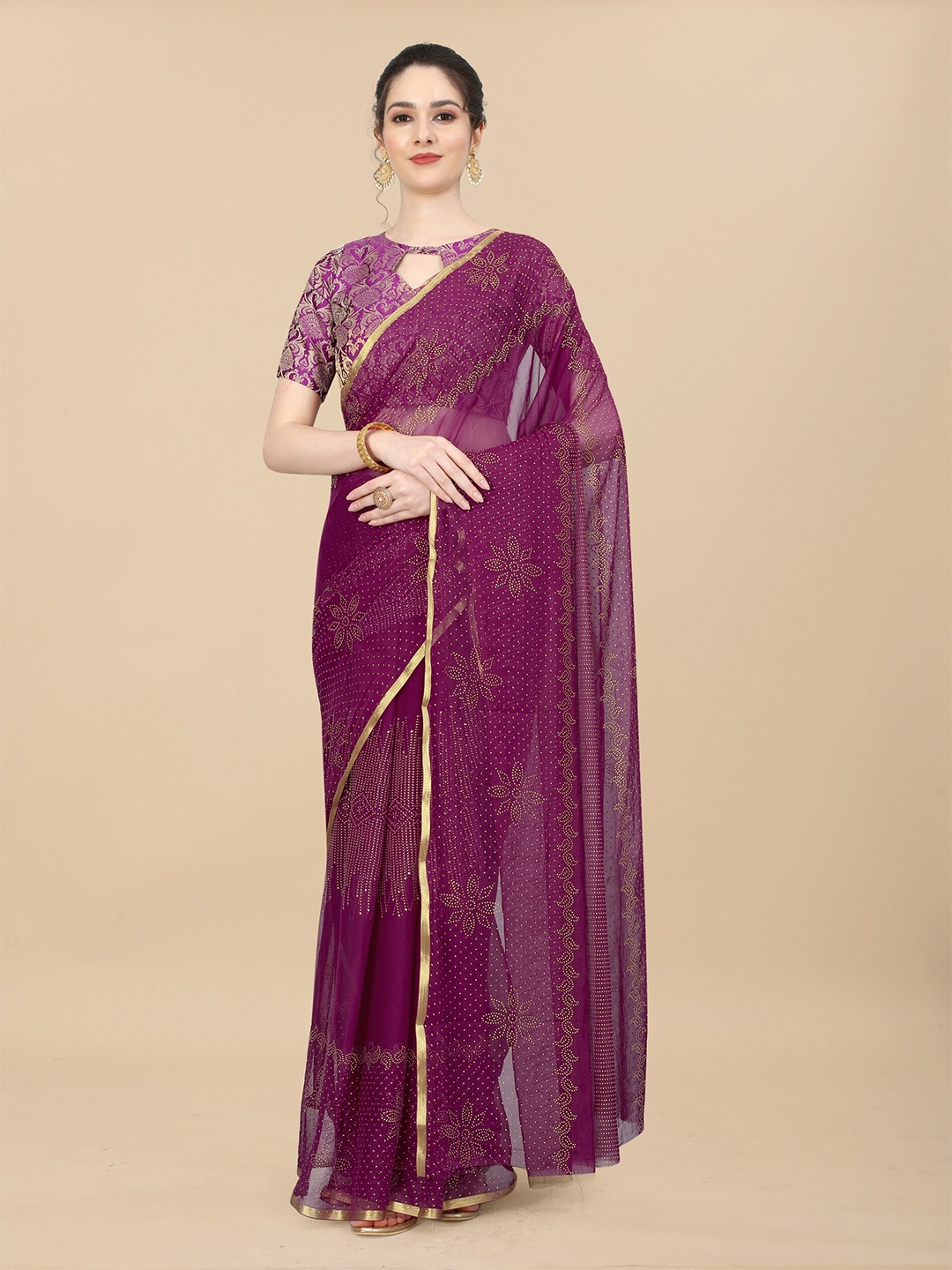 

Aardiva Floral Printed Zari Saree, Purple