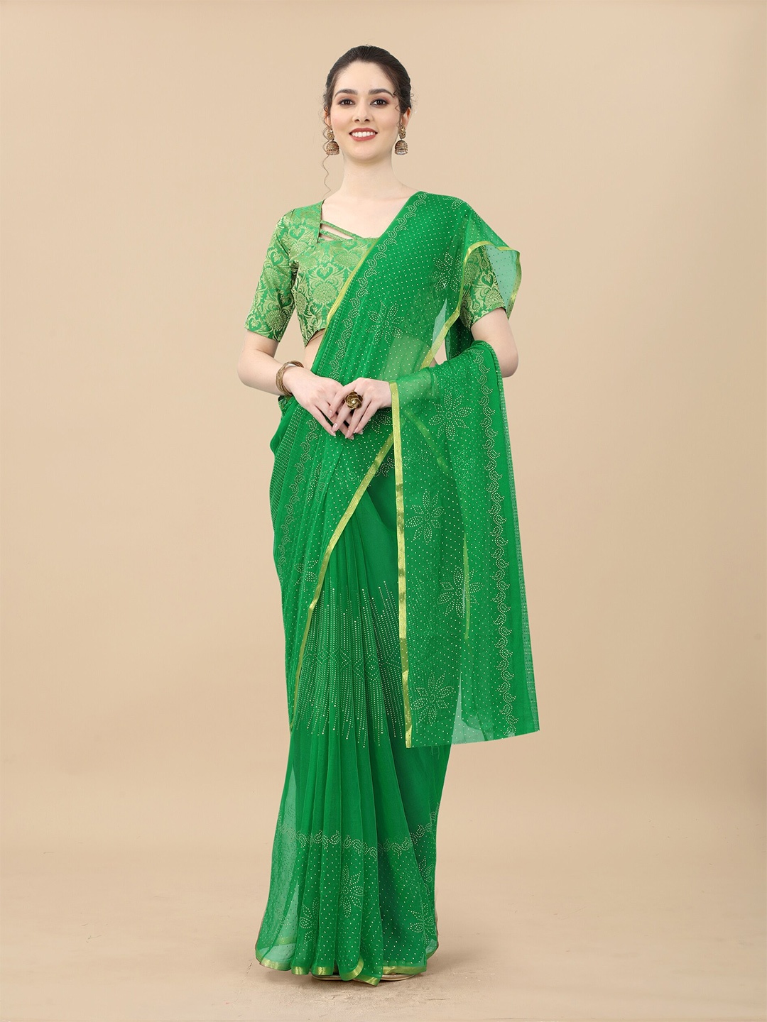 

Aardiva Floral Printed Zari Saree, Green