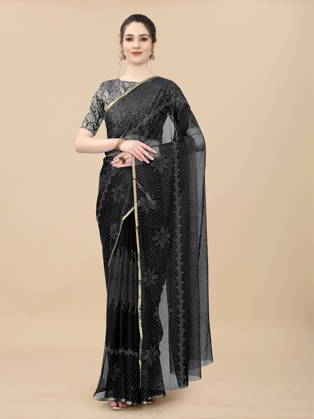 

Aardiva Floral Printed Zari Saree, Black
