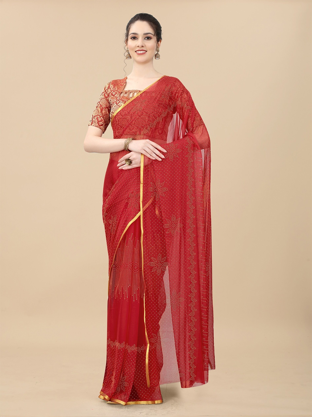 

Aardiva Floral Printed Poly Chiffon Zari Saree, Red