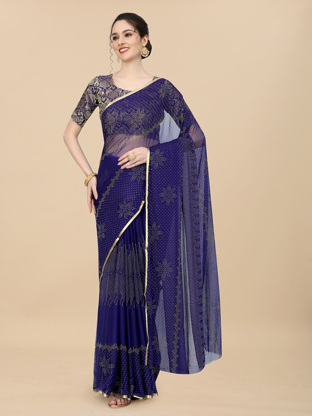 

Aardiva Floral Printed Poly Chiffon Zari Saree, Navy blue