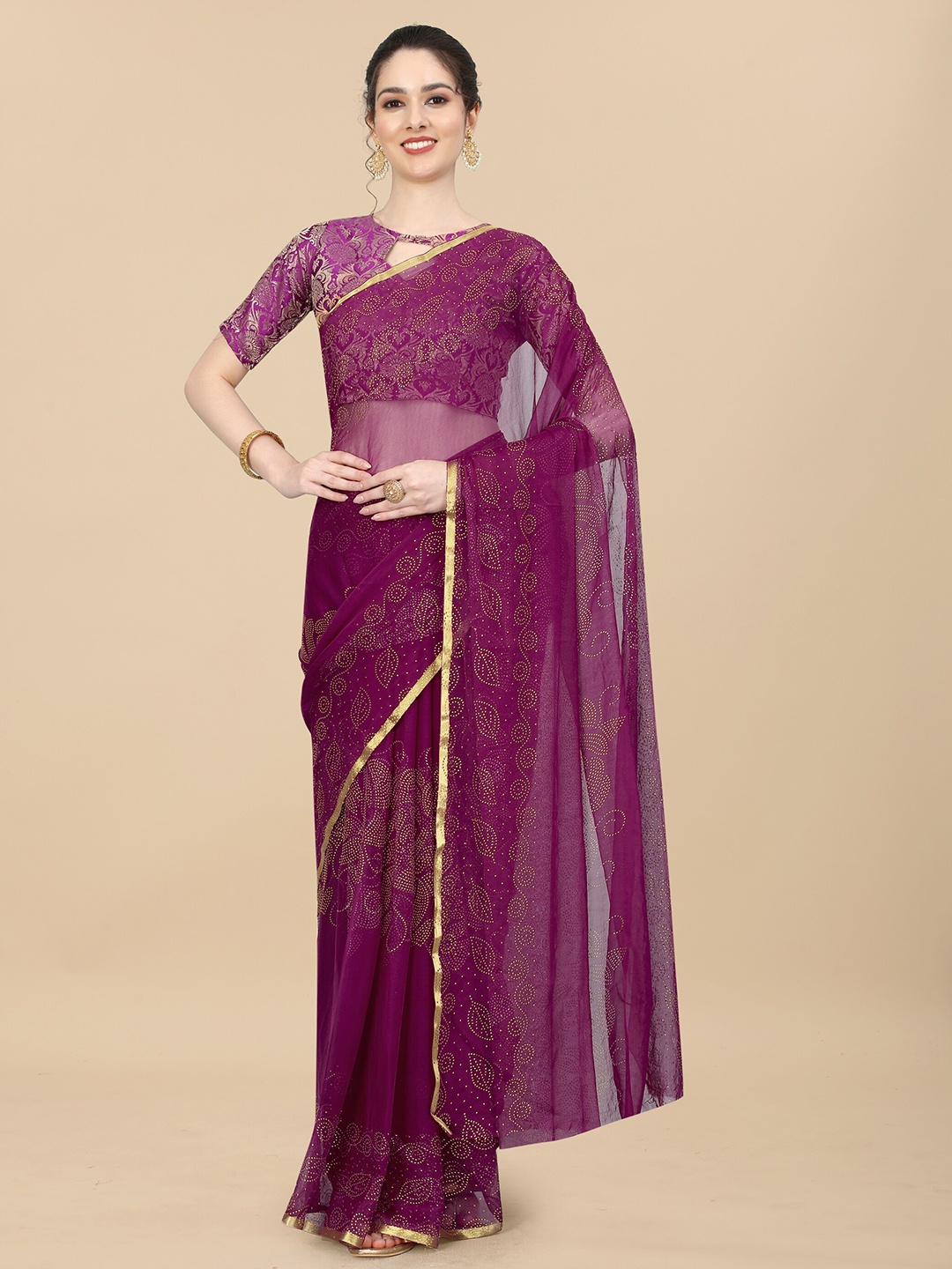 

Aardiva Floral Printed Poly Chiffon Zari Saree, Purple