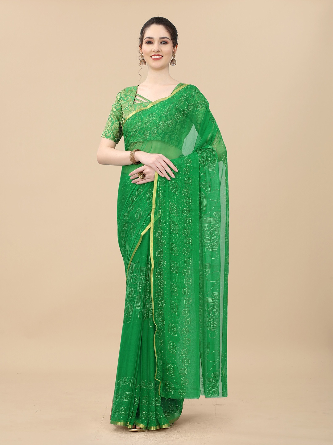 

Aardiva Floral Printed Zari Saree, Green