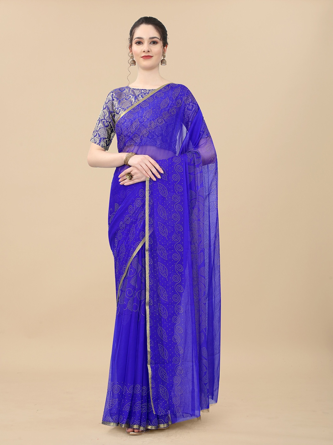 

Aardiva Floral Printed Poly Chiffon Zari Saree, Blue