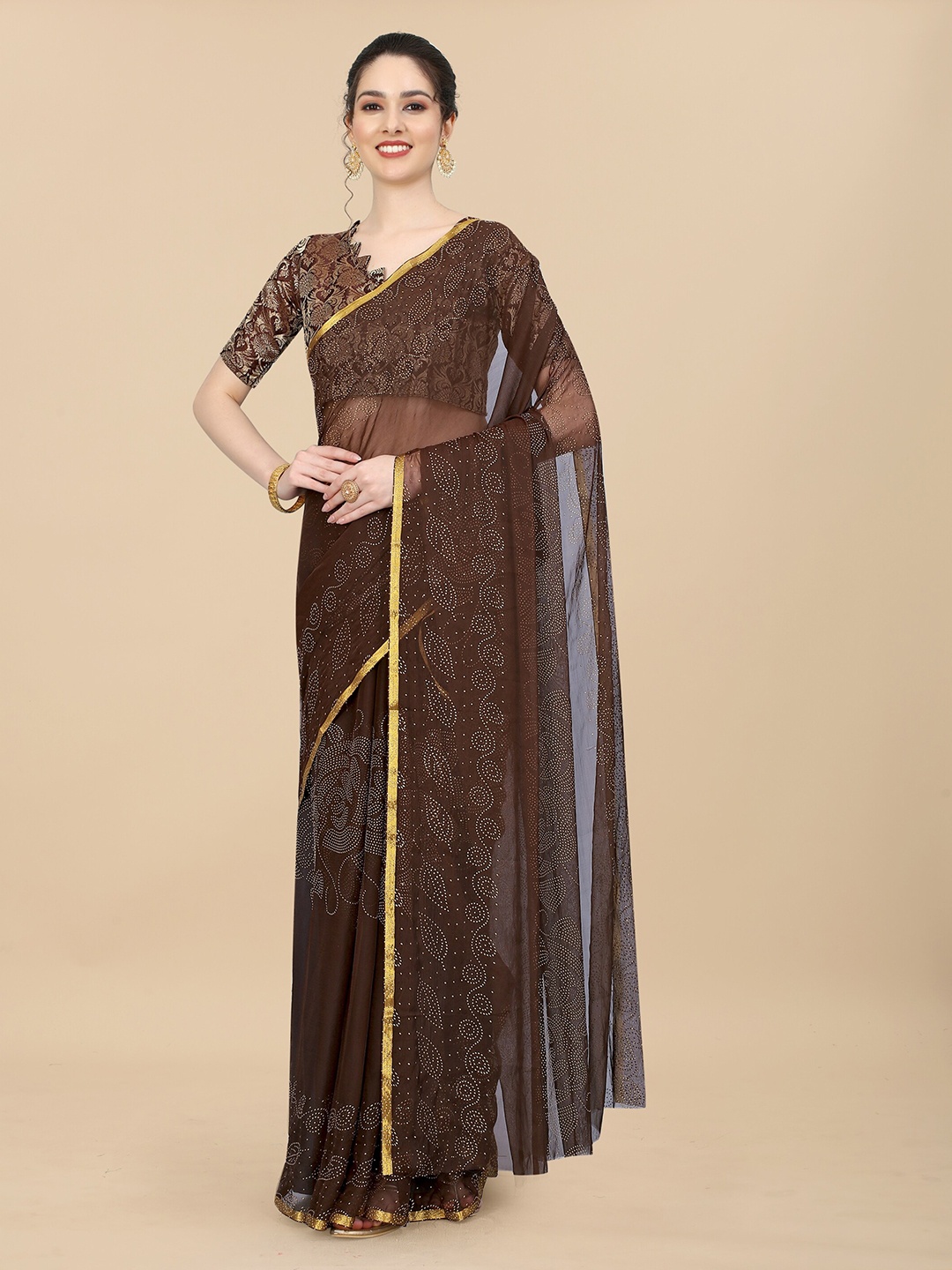 

Aardiva Floral Printed Zari Saree, Brown