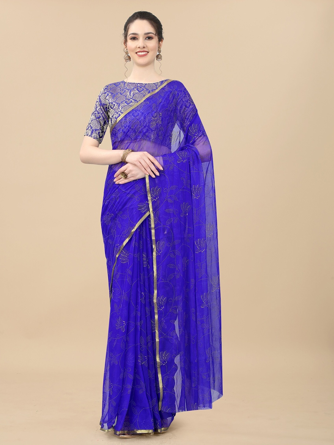 

Aardiva Floral Printed Poly Chiffon Zari Saree, Blue