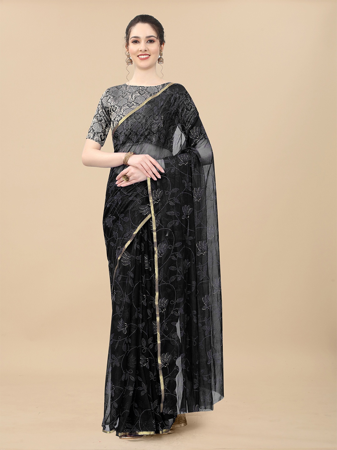 

Aardiva Floral Printed Poly Chiffon Zari Saree, Black